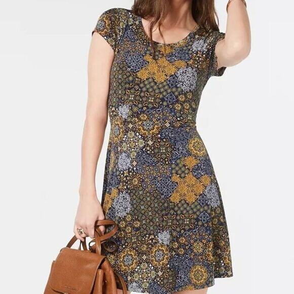 MICHAEL KORS Medallion Print Tiered Hem Dress Blue Yellow Stretch Womens Small - Picture 7 of 8